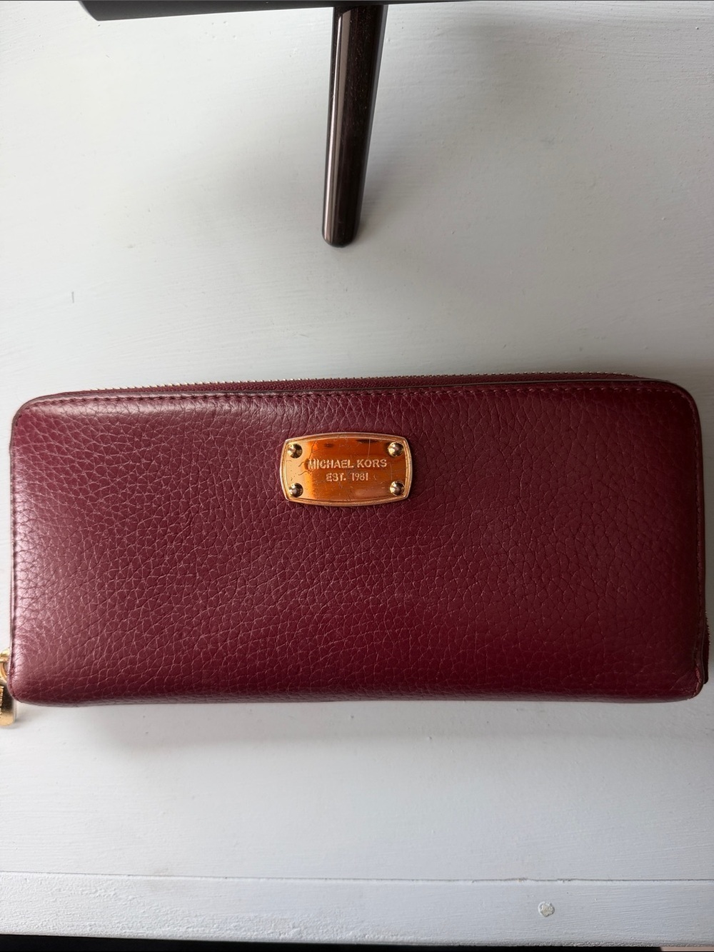 Michael Kors Wine Leather Zip-Around Wallet with Gold Plaque - Picture 1 of 14